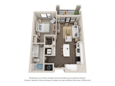 Floor plan for 1 bed, 1 bath, 717 sqft